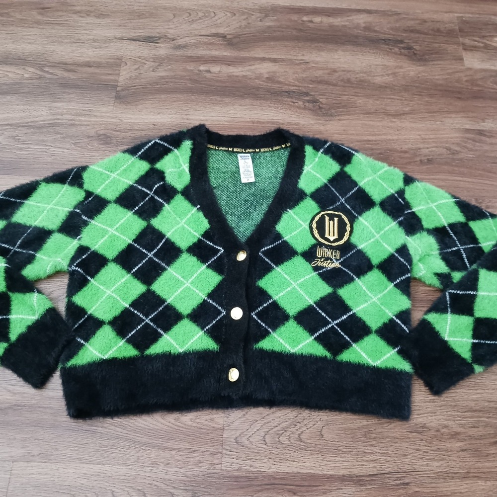 Wicked x Justice Girls Green Black Argyle Fuzzy Cardigan Sweater Large 12/14